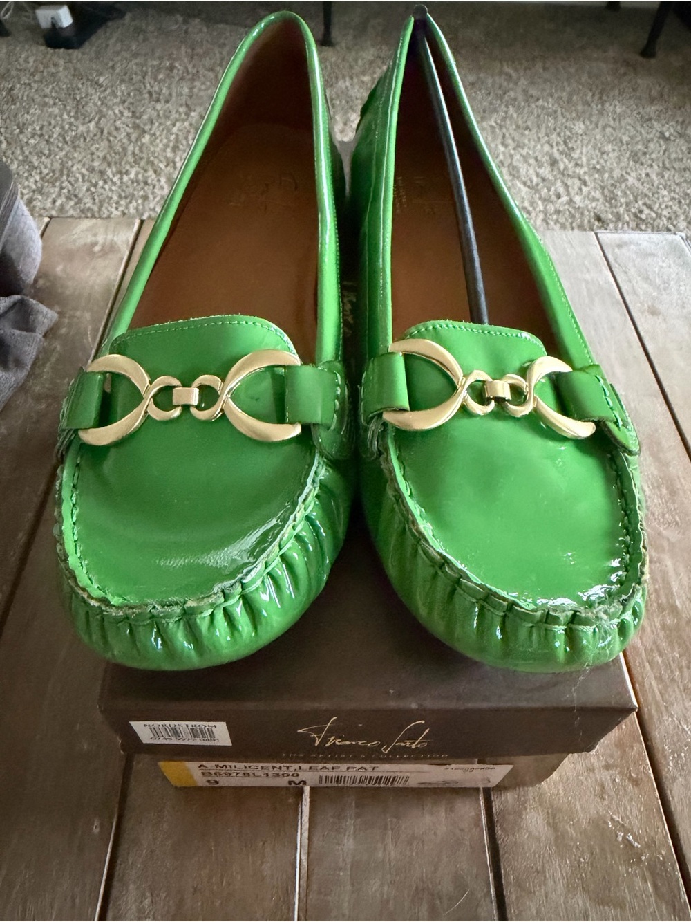 Franco Sarto Green Patent Loafers with Gold Horsebit